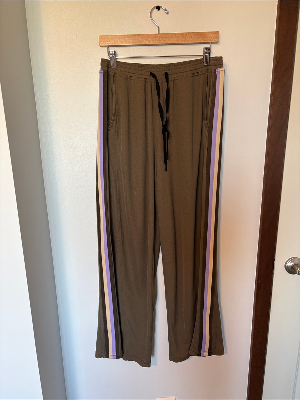 Brownish green  Wide-Leg Track Pants with Contrast Side Stripes